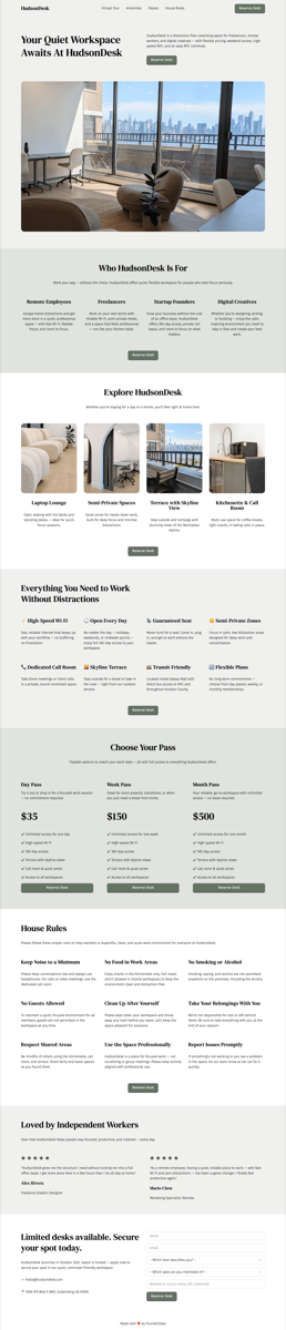 Coworking space website design example - HudsonDesk